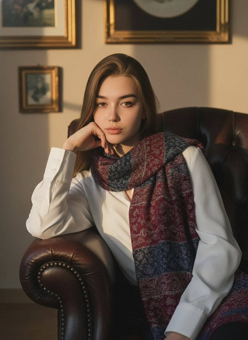 A hyper-realistic portrait of a young woman in a burgundy leather chair, dressed in a white blouse and patterned scarf, illuminated by soft golden-hour light.