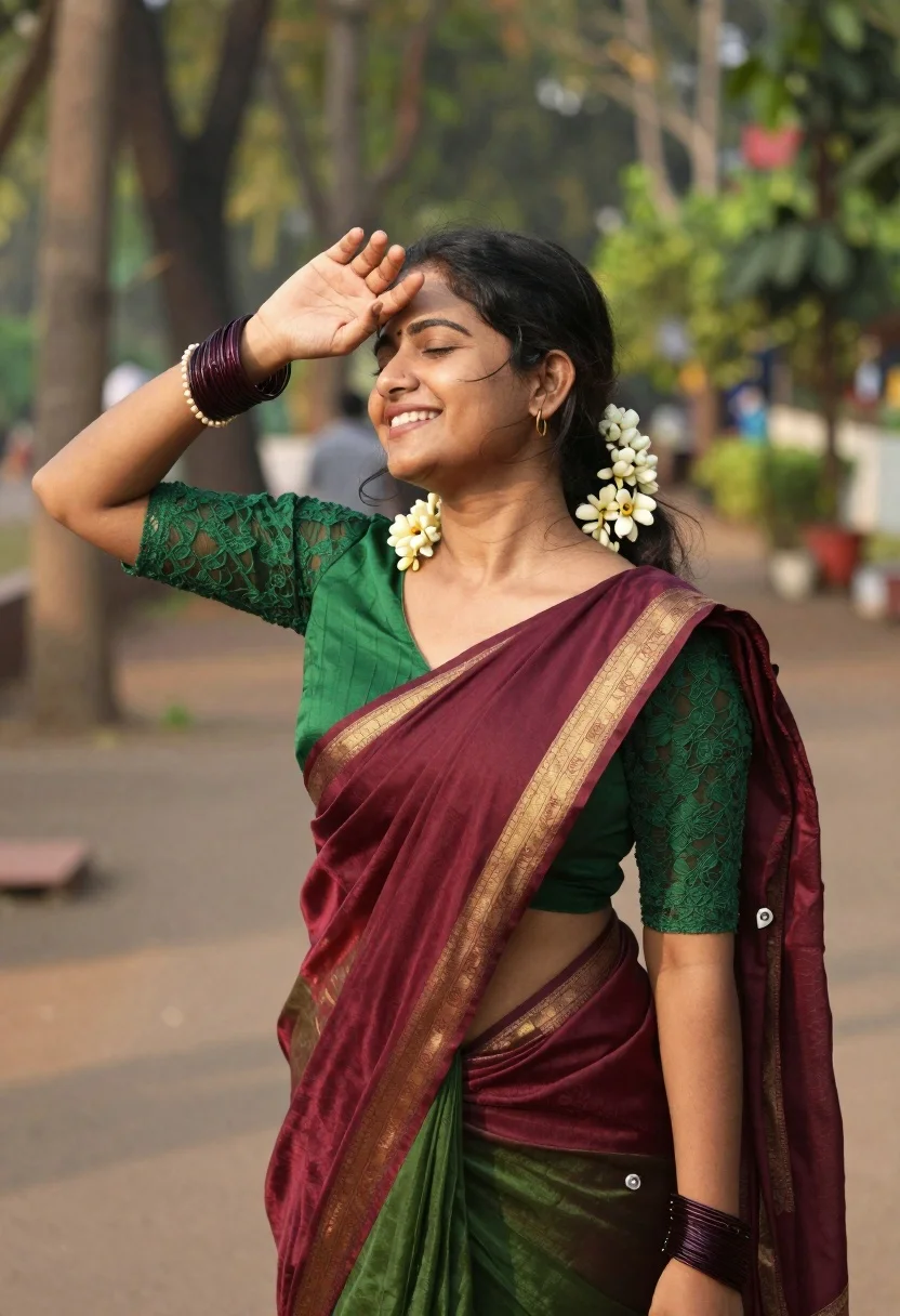 Smiling Woman With Dark Hair And Closed Eyes Shielding Her reference photo