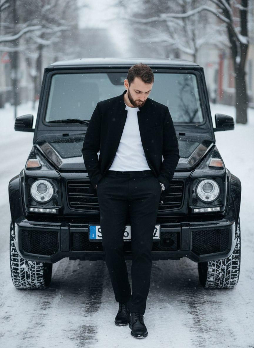 A man in a stylish outfit leans against a Mercedes G-Wagon in winter, surrounded by snowflakes on a cold, soft-lit street.