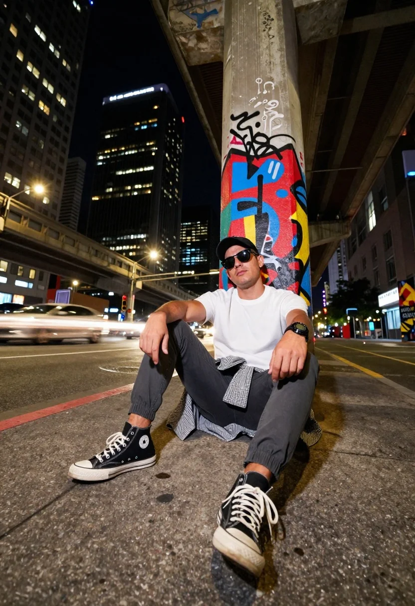 Low-angle Urban Portrait Man Sitting Pavement Under Overpass Night Subject reference photo