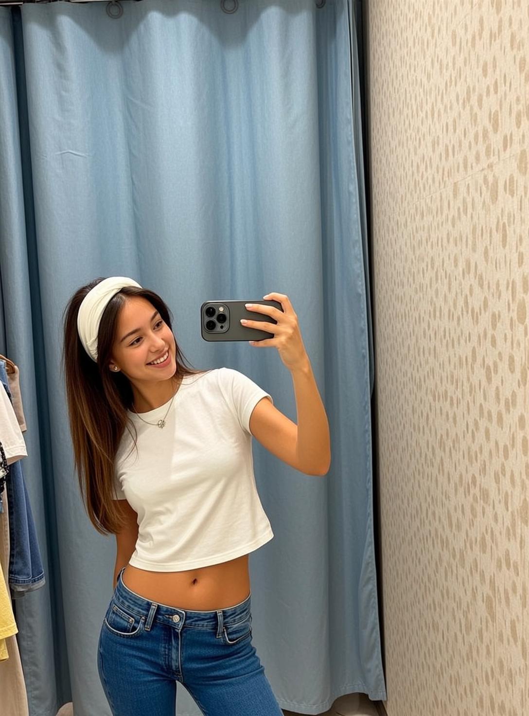 Explore Young Stands Fitting Room Holding Smartphone