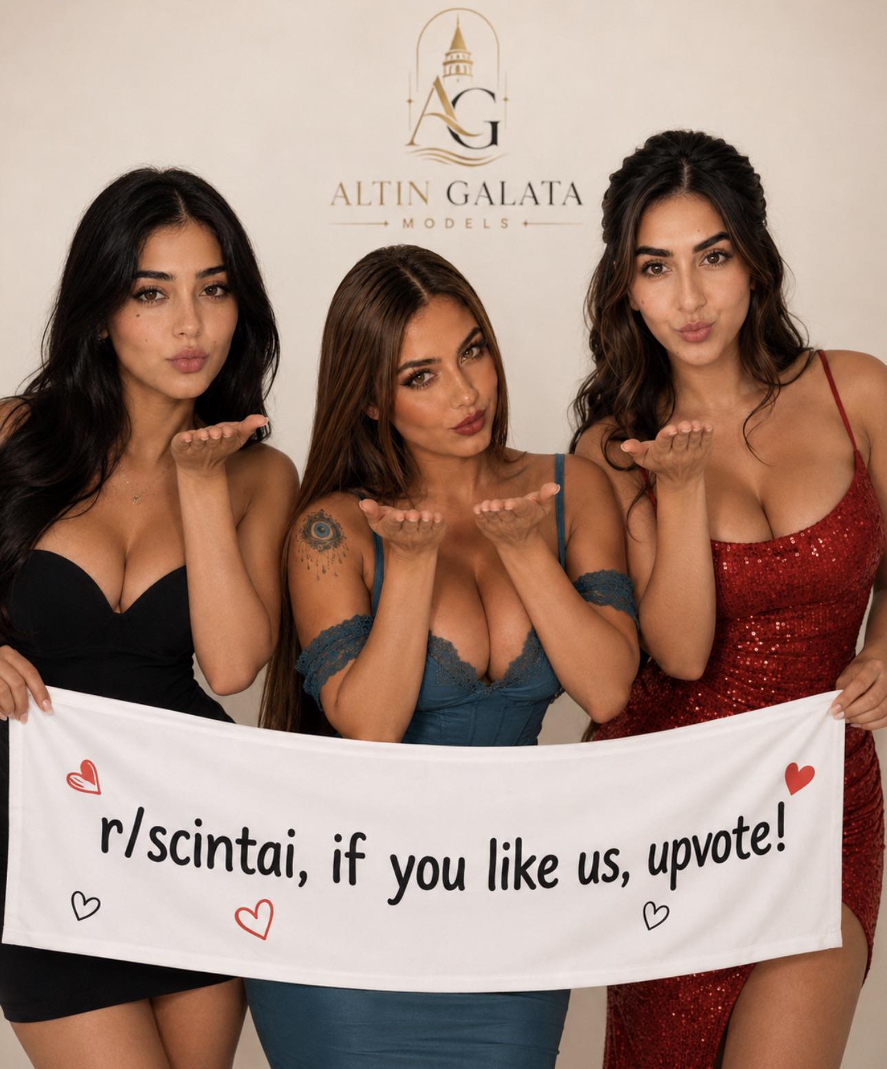 Three Women Holding Banner Blowing Kiss