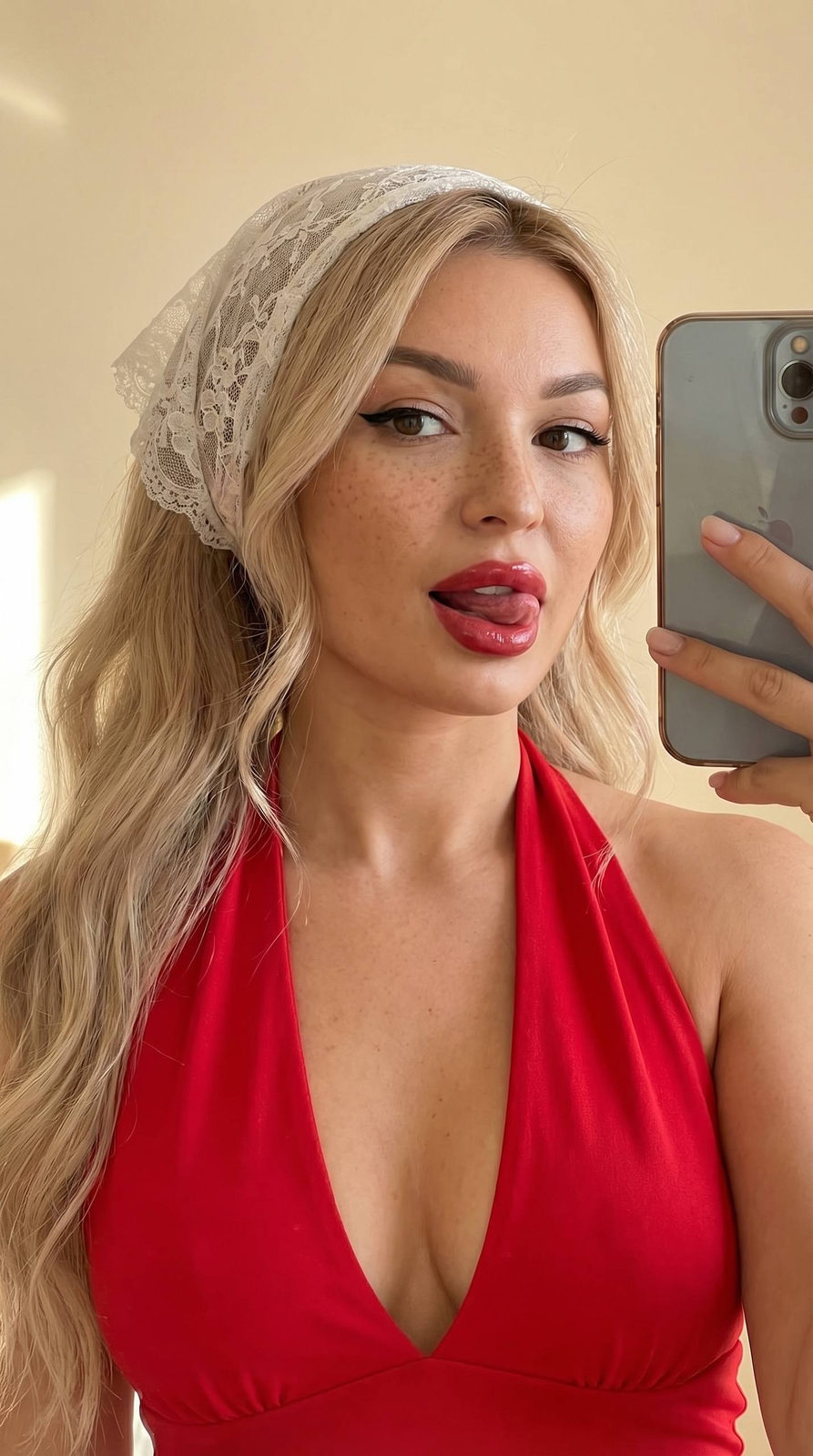 A girl in a red halter top posing for a selfie, bright background, tongue out, long wavy hair, lacy kerchief on head.