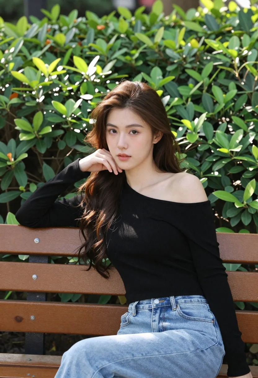 Young Woman With Long Brown Hair Sits Wooden Park Bench reference photo