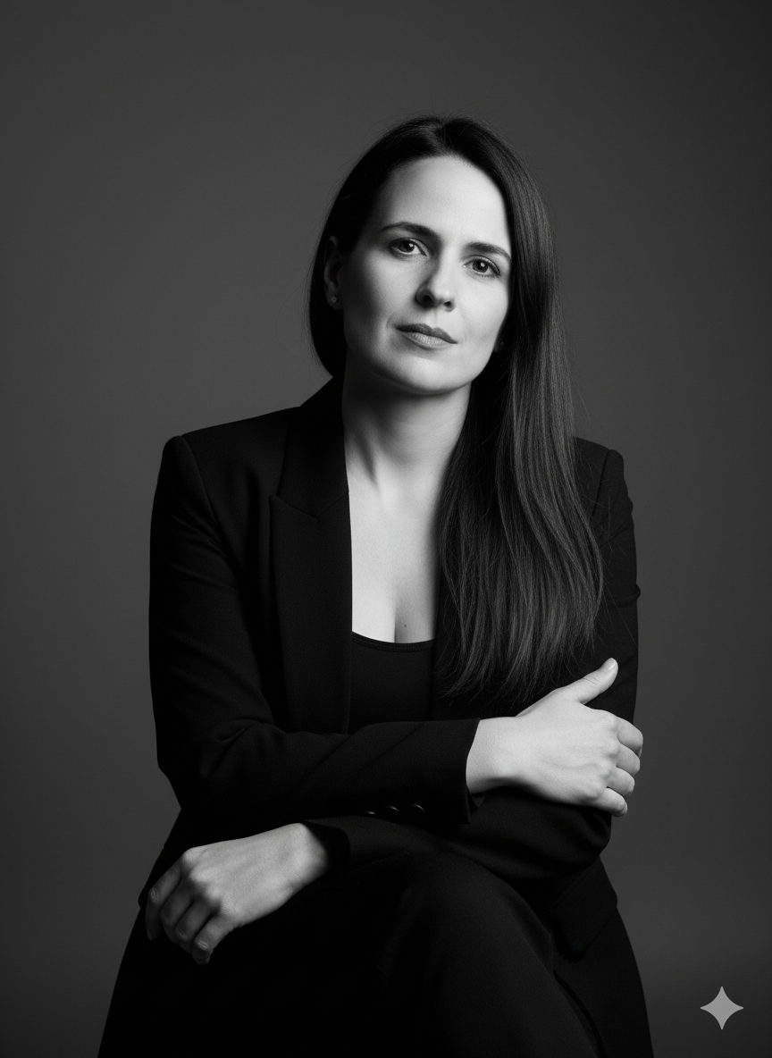 Elegant black and white portrait of a woman in a blazer, with soft studio lighting and a serene expression.