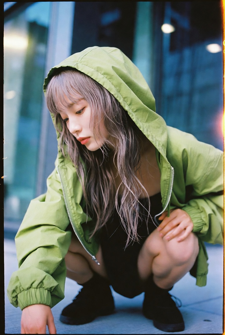 Green Jacket Squat Modern Building Soft Light