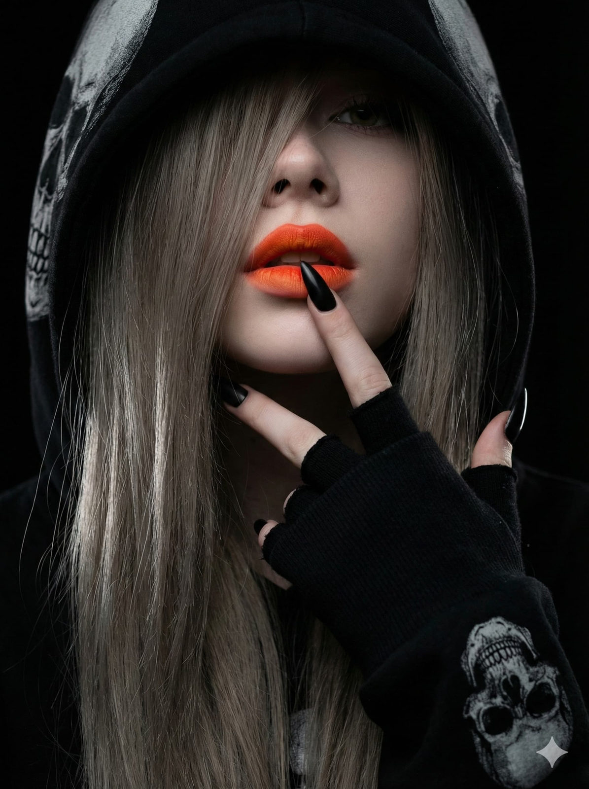 Extreme close-up portrait of a dark E-girl with ash-straight hair and striking orange-red ombre lips, partially hidden by a skull-patterned hood.
