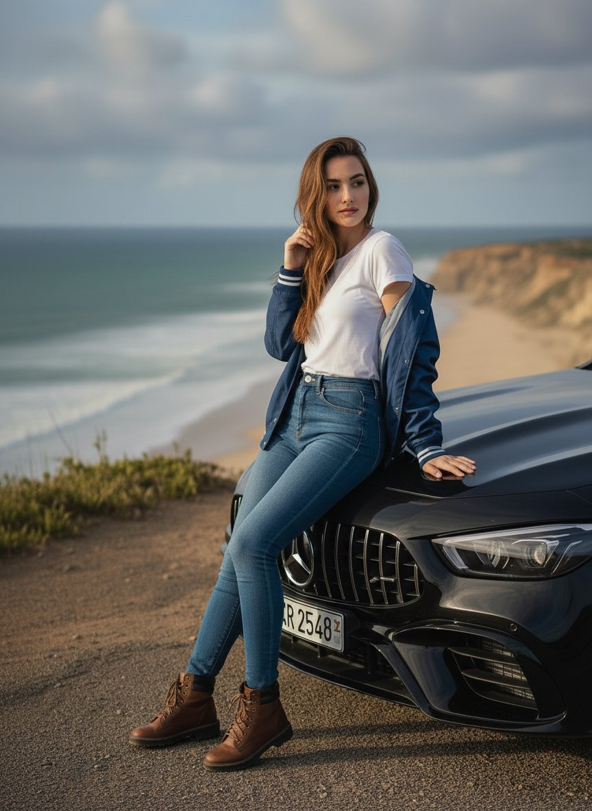 Ultra-realistic portrait of an Indonesian female model beside a Mercedes AMG GT63 on a cliff.