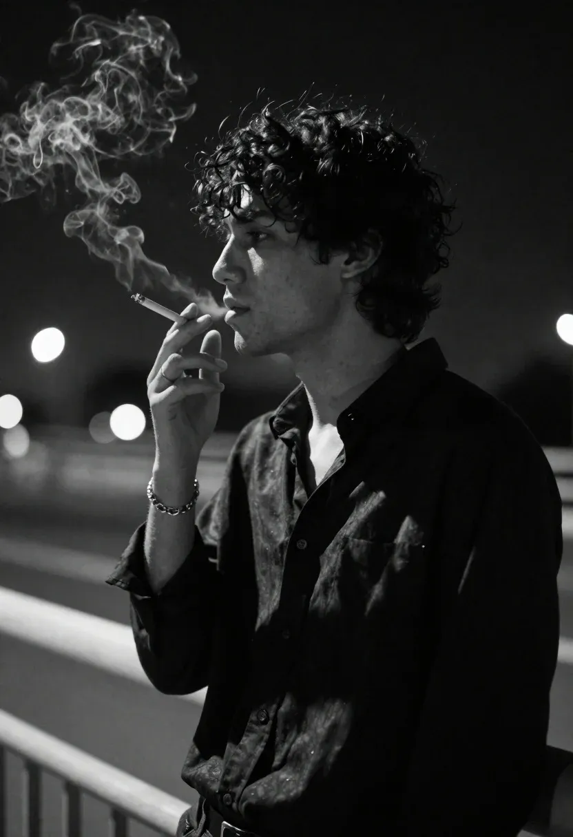 Young Man With Curly Hair Stands Profile Against Dark Night