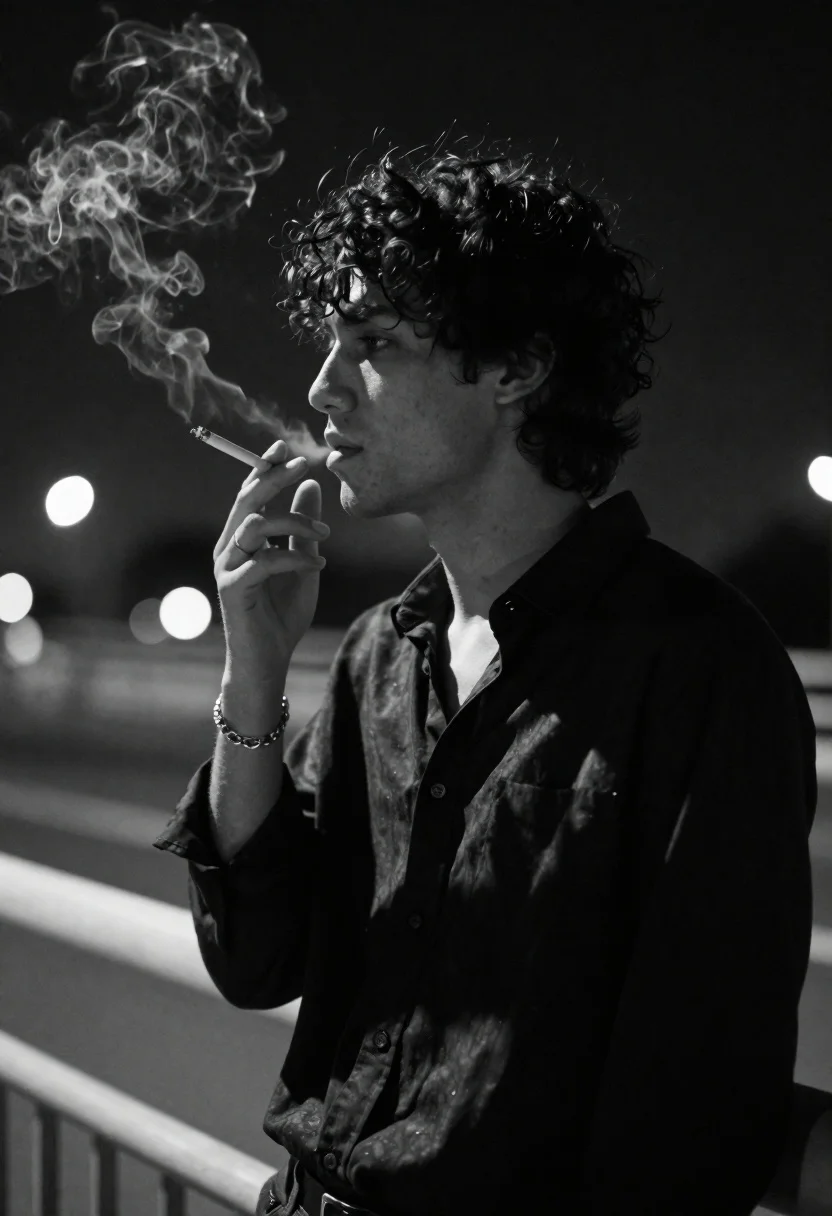 Young Man With Curly Hair Stands Profile Against Dark Night