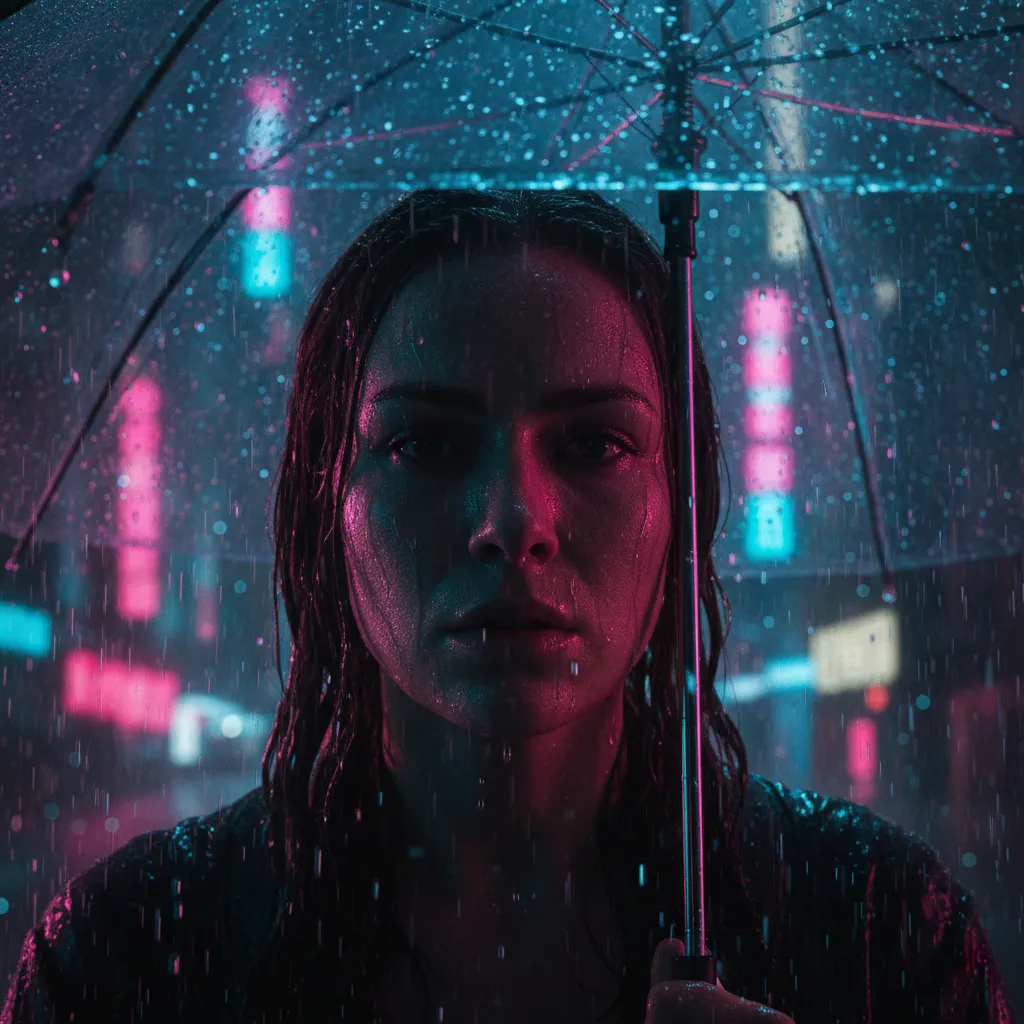 Neon Cyberpunk Portrait In Rainy City