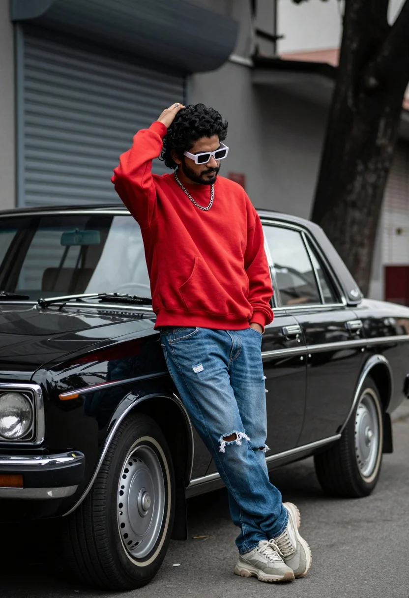 Man Stands Confidently Leaning Against Vintage Black Car Urban Alleyway