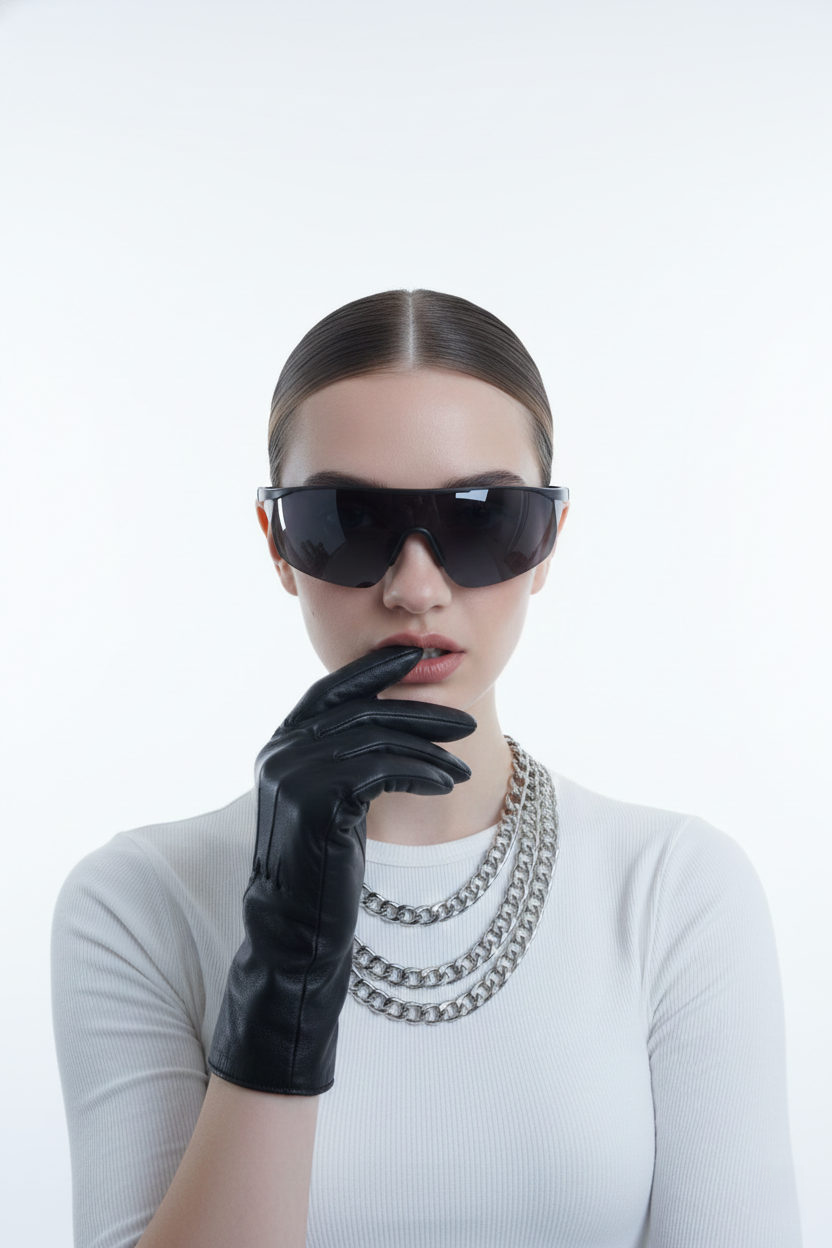 Close-up portrait of a woman with a sleek bun and serious expression, hand in a stylized gesture near her lips.