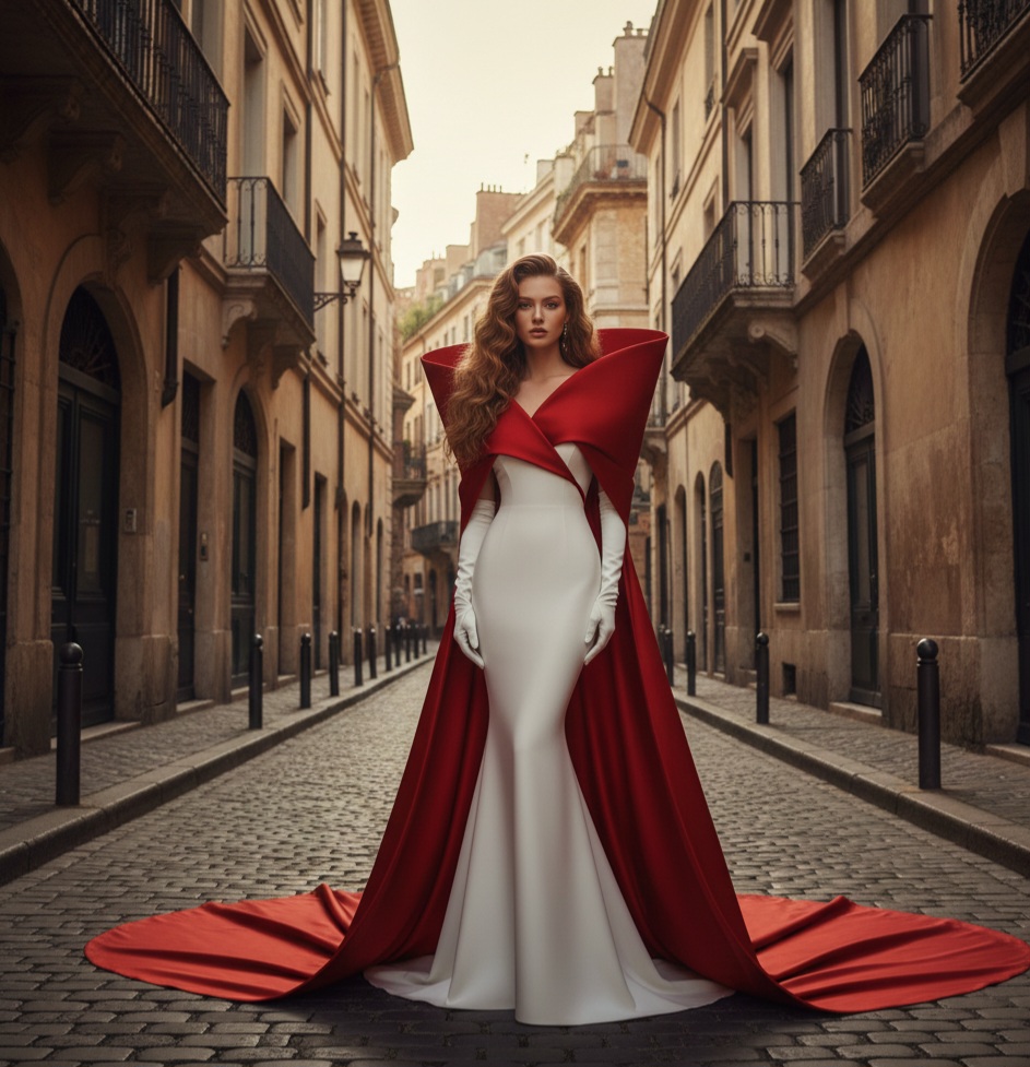 Woman In Red Cape On Cobblestone
