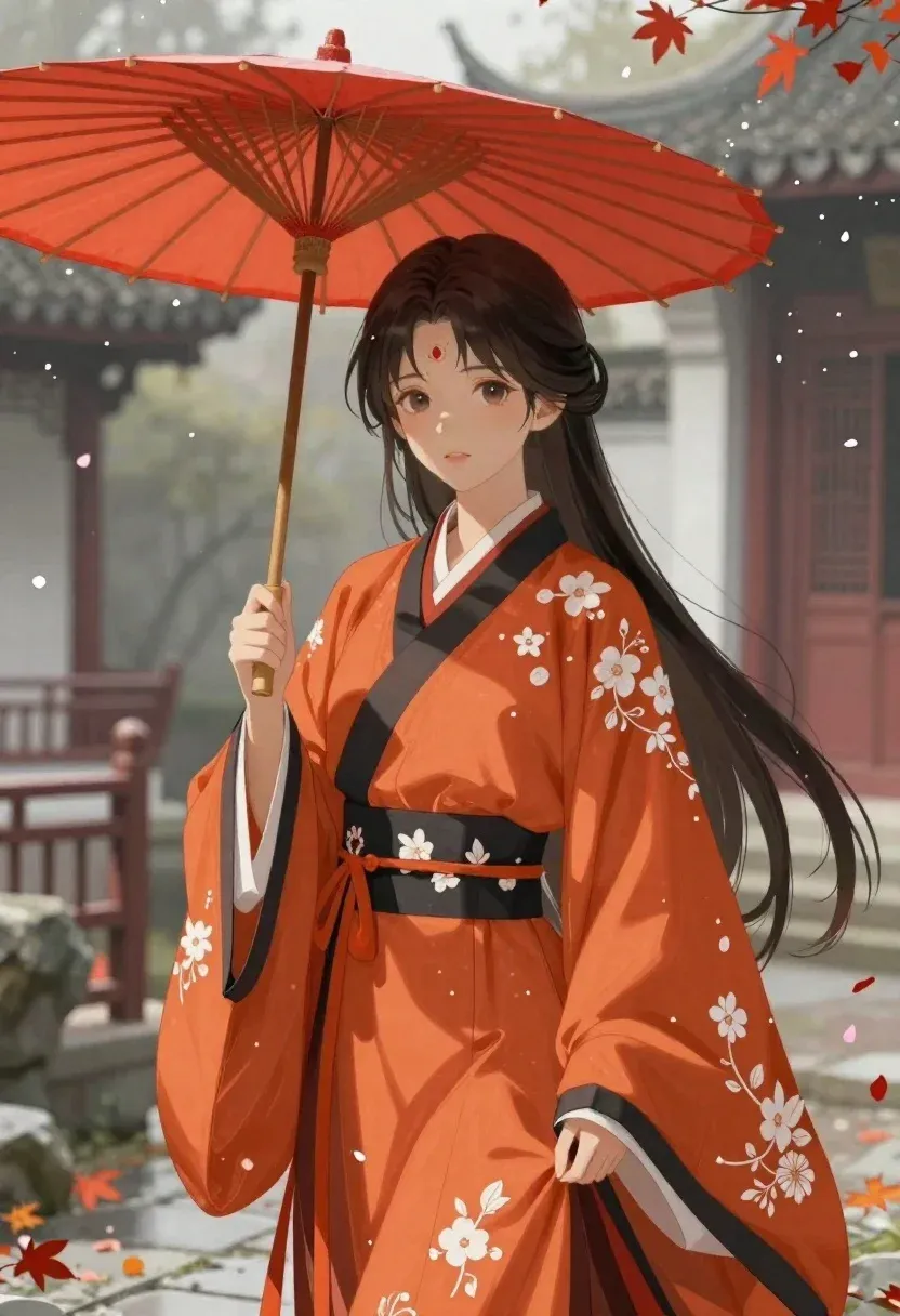 Anime-style Portrait Ethereal Young Woman Orange Hanfu Holding Red Umbrella