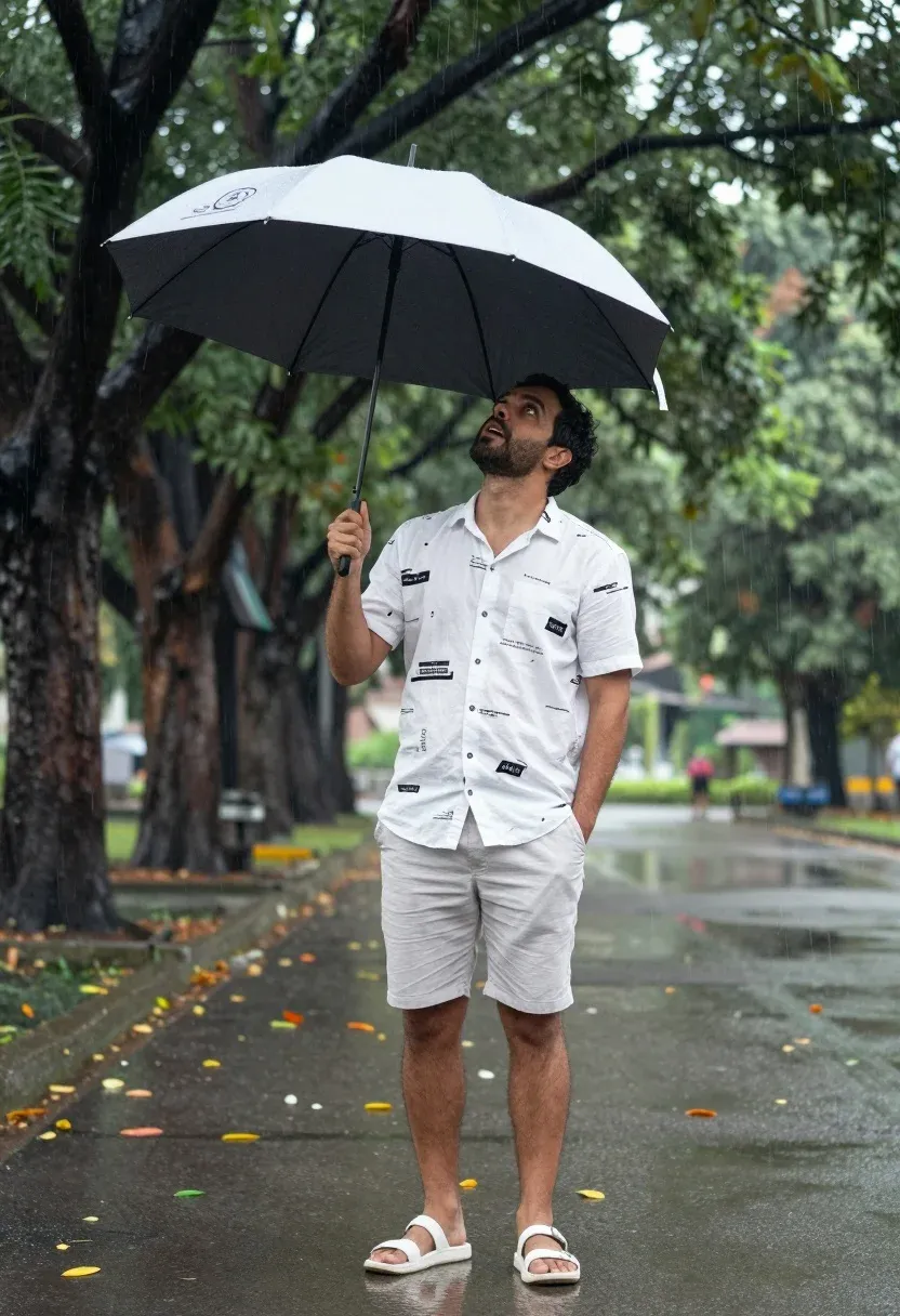 Man Stands Under Black And White Umbrella The Rain Paved