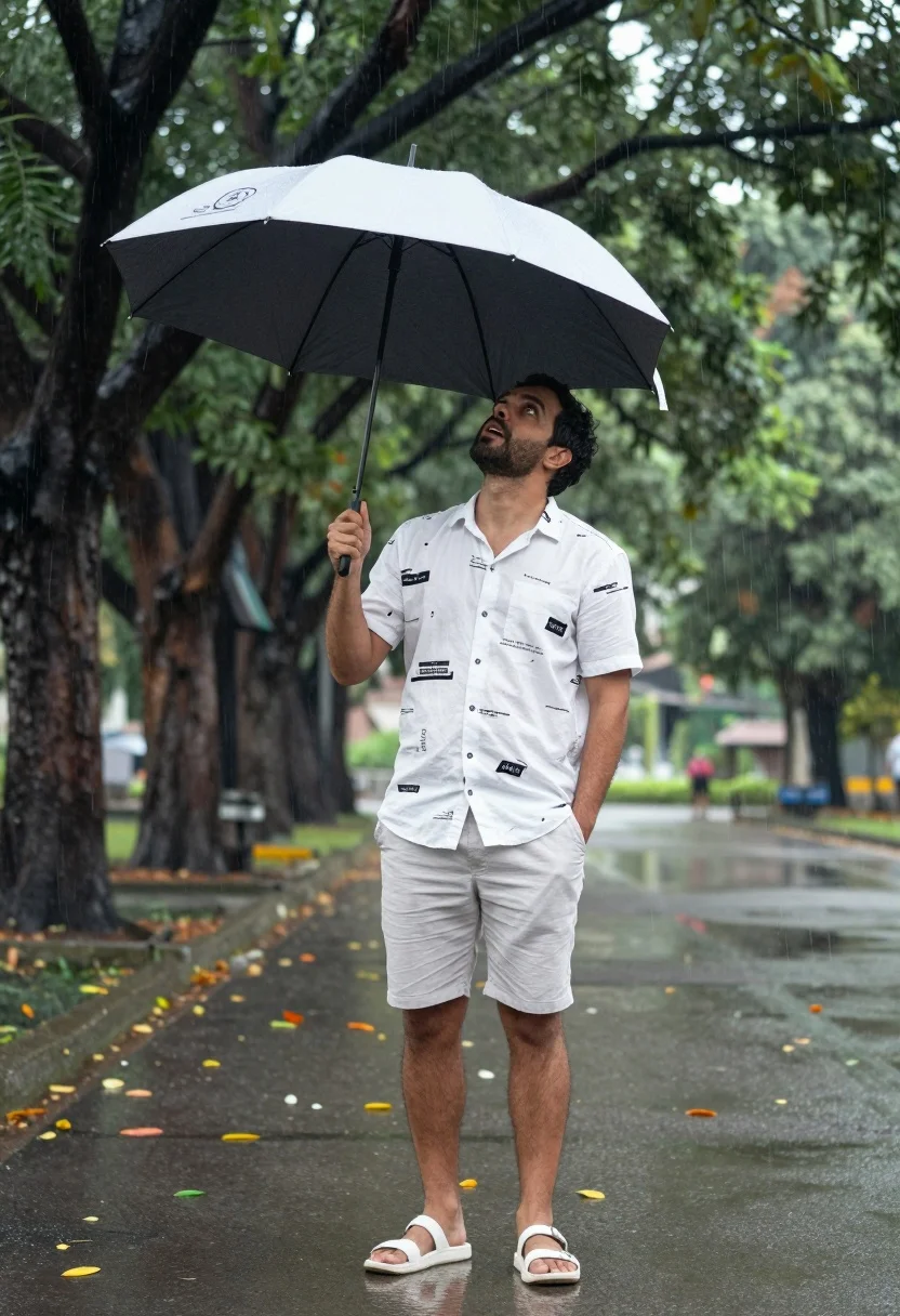 Man Stands Under Black And White Umbrella The Rain Paved