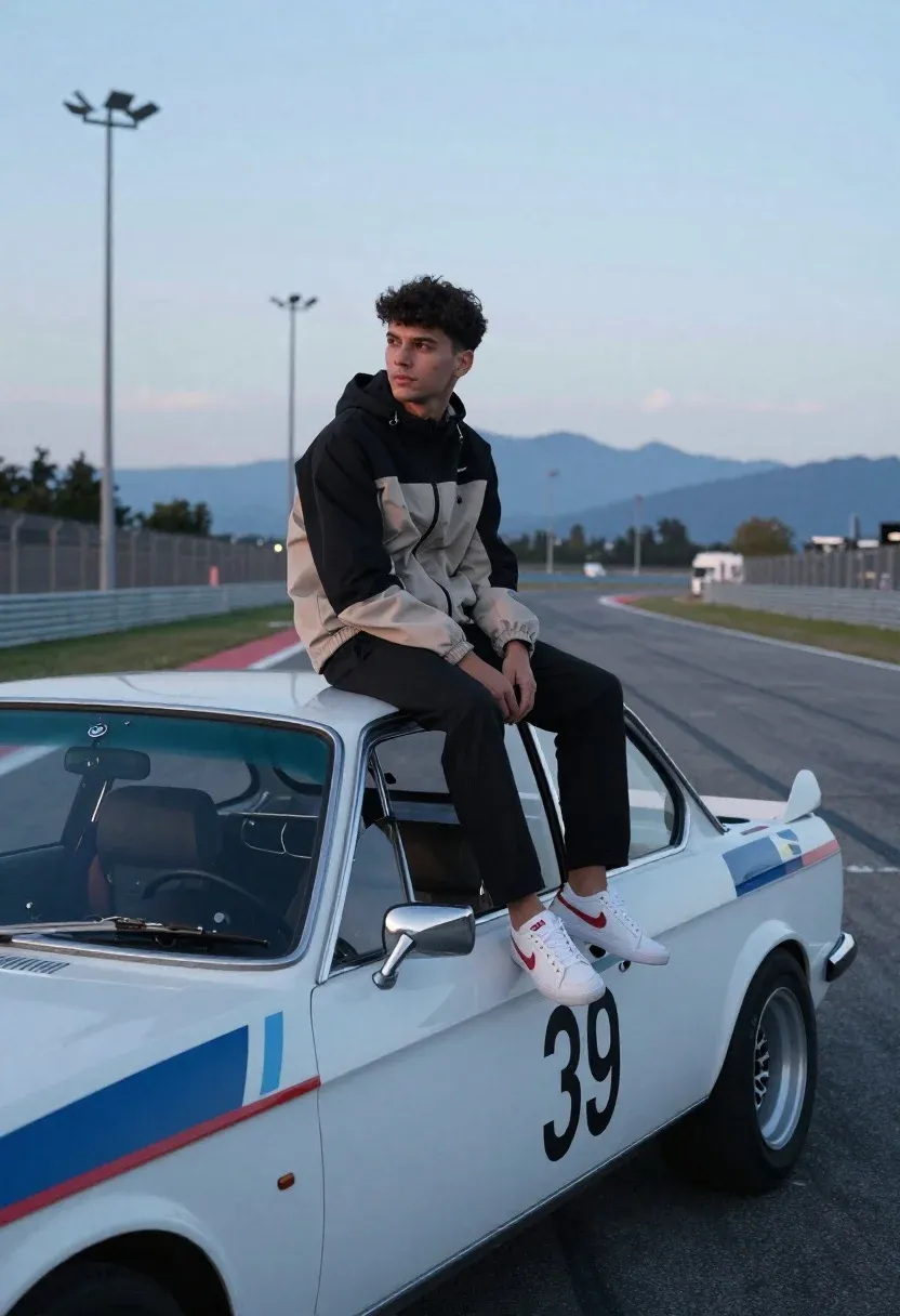 Young Man Sits Casually The Roof White Vintage Race Car