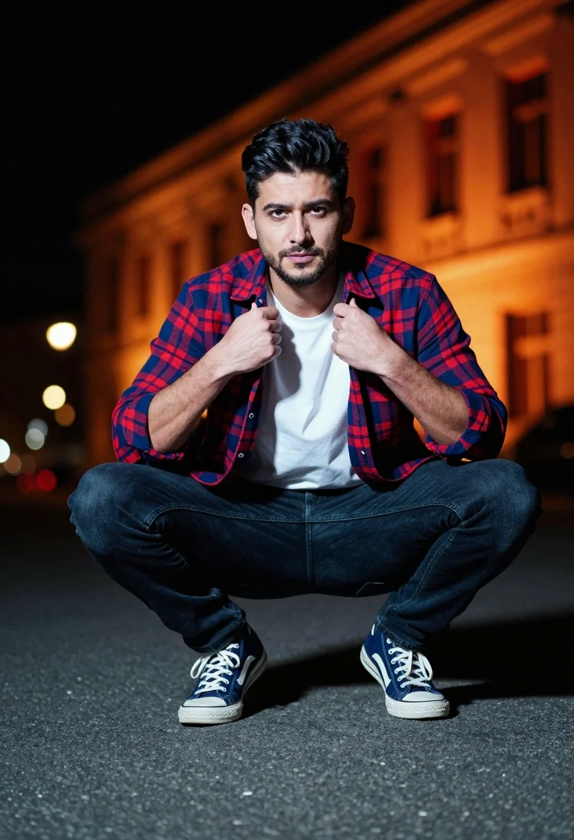 Man Crouching Low Squat Pose Asphalt Surface Night Subject Man