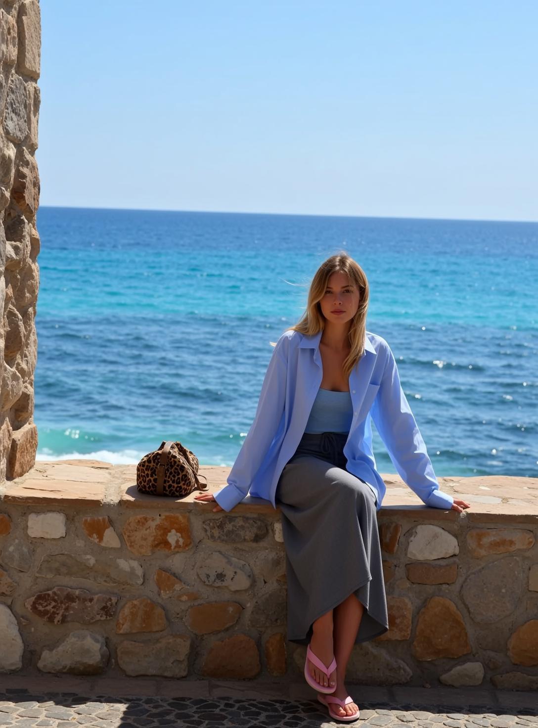 Blue Shirt Seaside Stone Wall