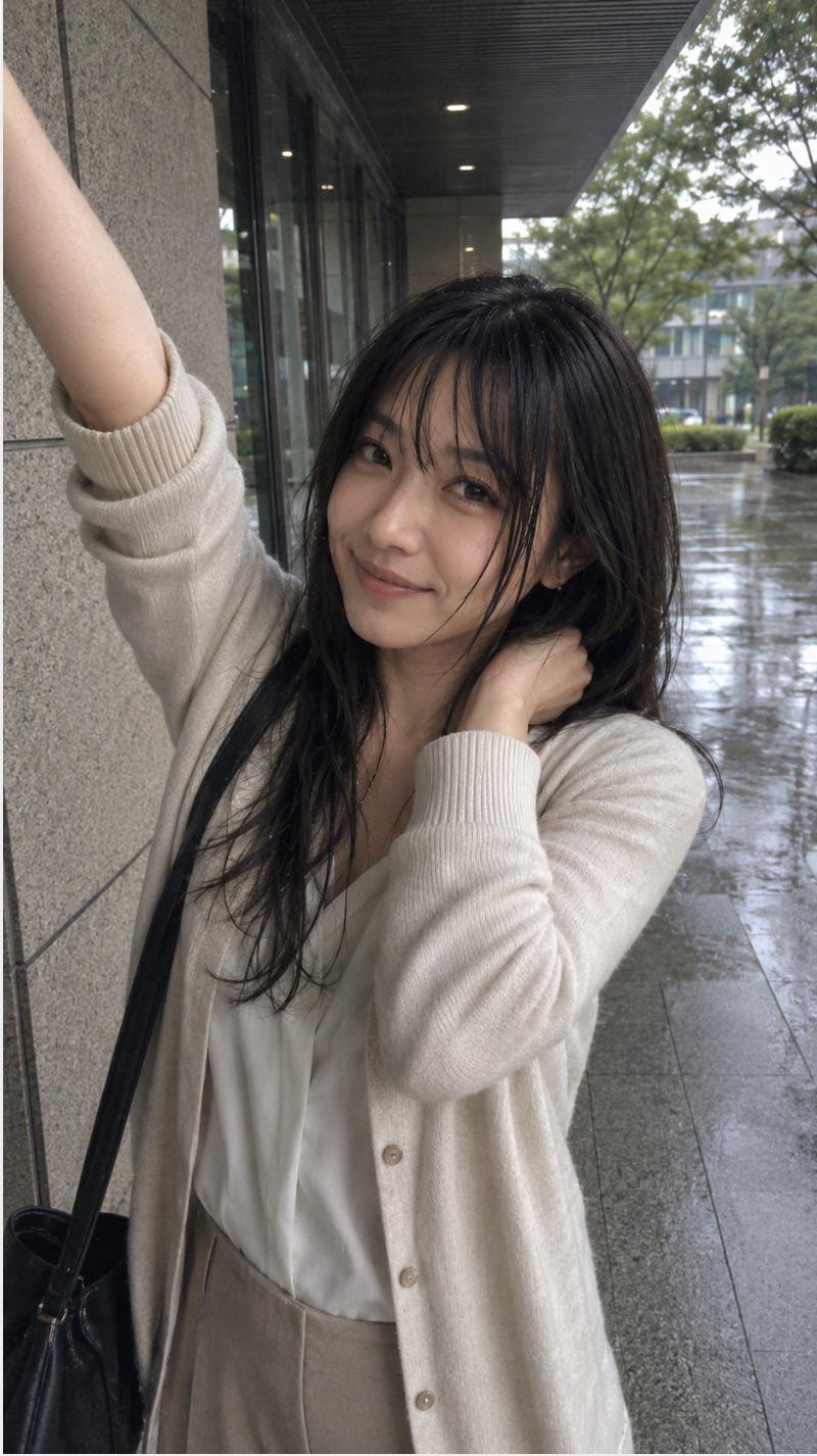 Rainy Day Portrait Under Overhang Cream Cardigan