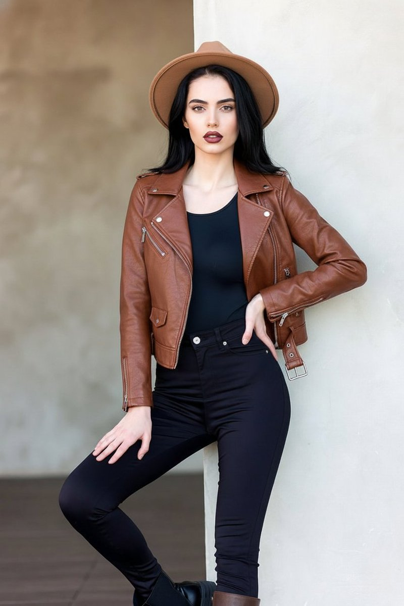 A confident woman in a fitted black bodysuit and cognac moto jacket leaning against a white wall with a serious expression.