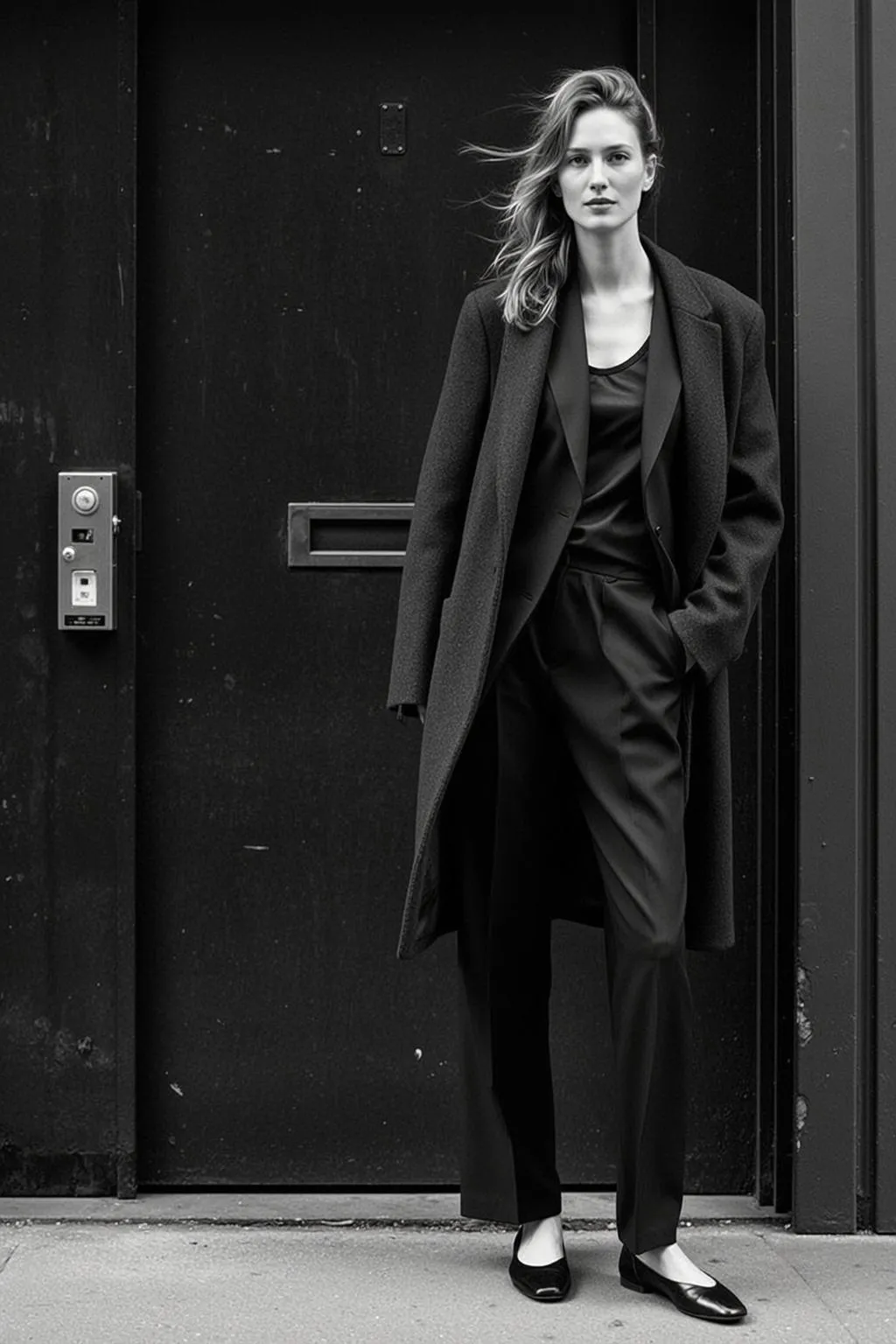 Full-body Medium Shot Black And White Photograph Captures Young Woman