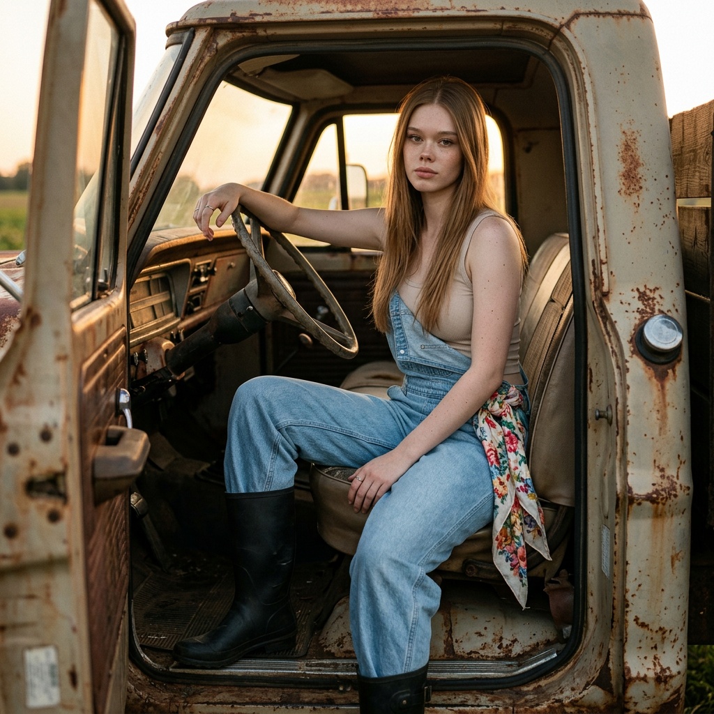 Farm Truck Sunset Portrait Denim Overalls Floral Scarf