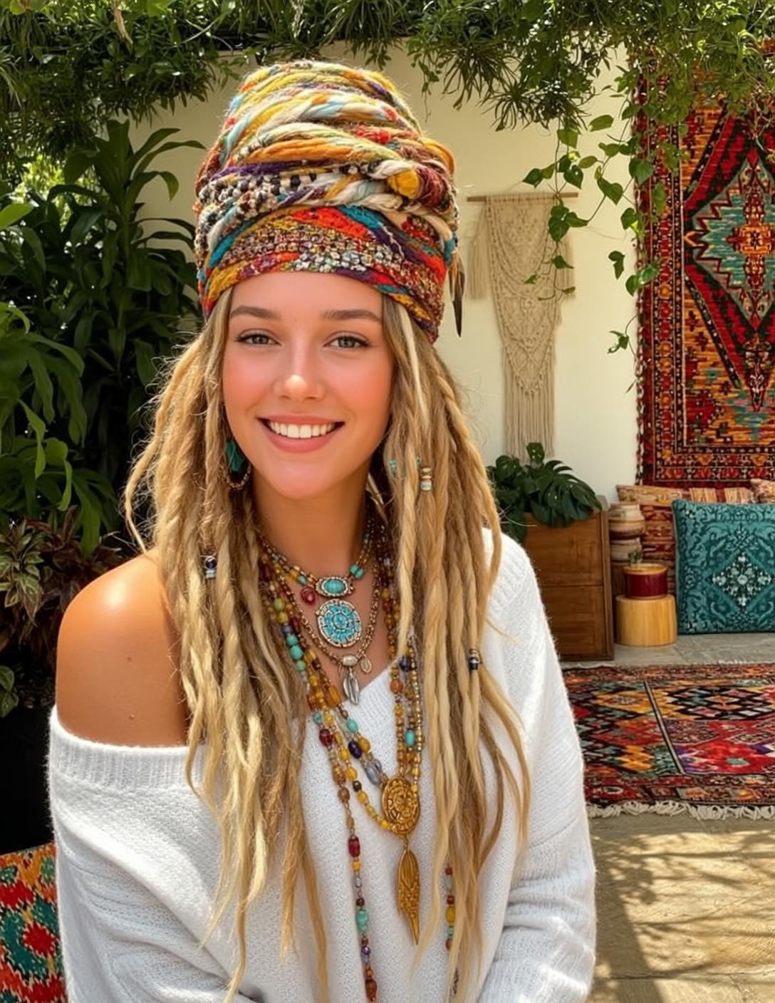 Blonde Dreadlocks Woman White Sweater Patio Greenery