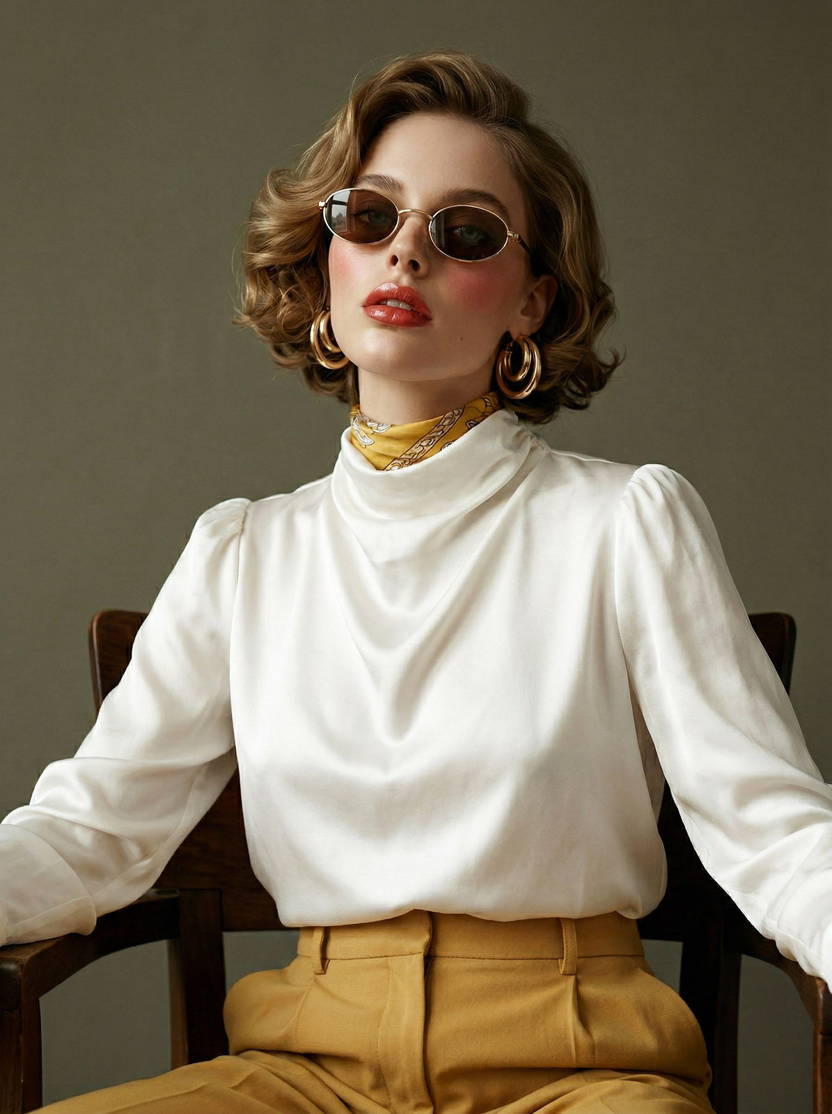 A confident woman in a vintage silk blouse and trousers, sitting in a dark wooden armchair, captured in soft, diffused window light.