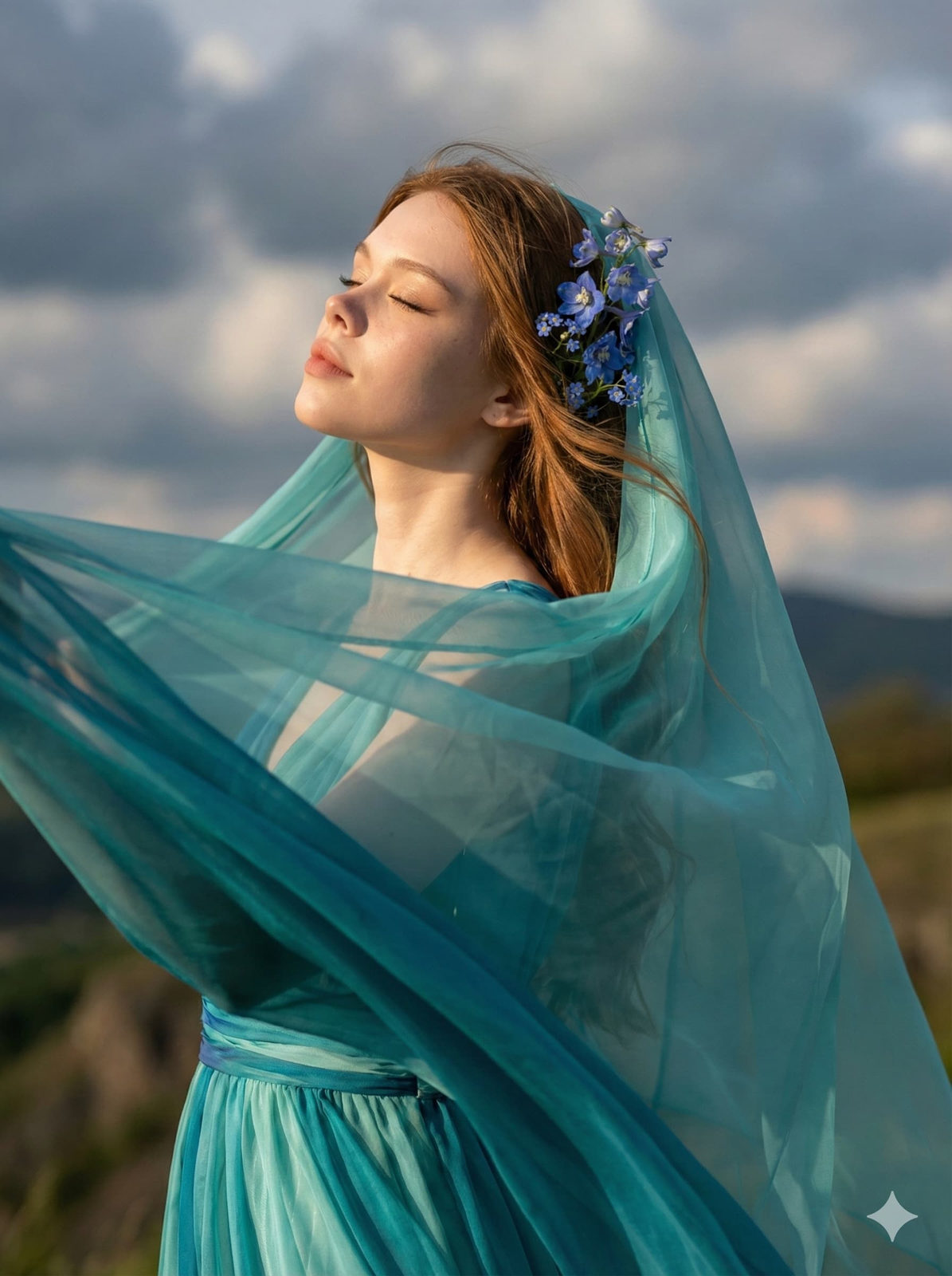 A woman in a flowing teal gown stands outdoors, her reddish-brown hair whipped by the wind against a bright sky.