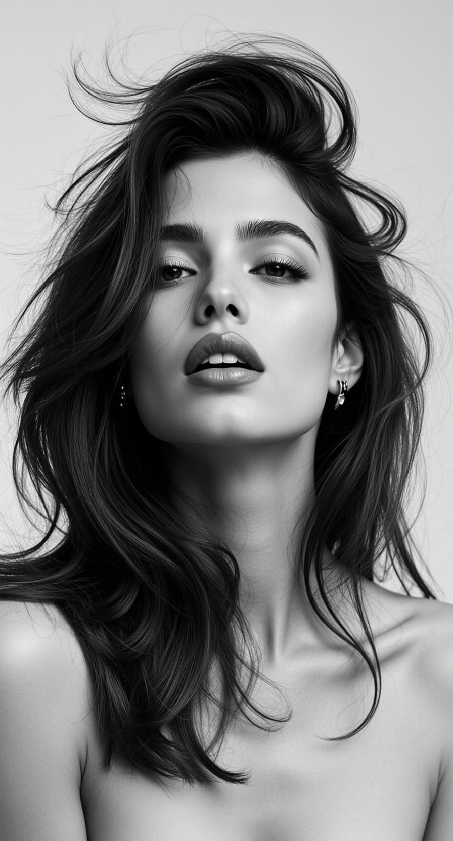 Black And White Medium Close-up Portrait Young Woman With Long