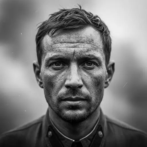 A hyperrealistic black-and-white portrait of a WW2 Russian soldier, showcasing his weathered face and haunting gaze.