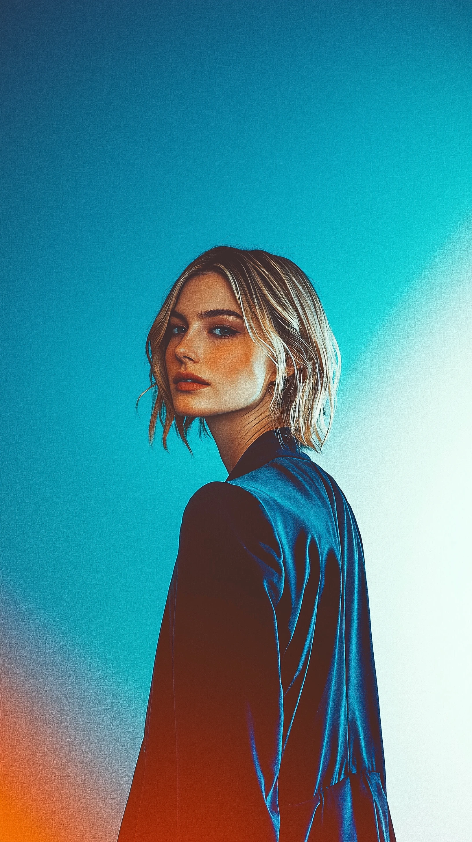 A female model in a flowing deep blue suit poses dramatically against a vibrant blue gradient backdrop with an expressive gaze.