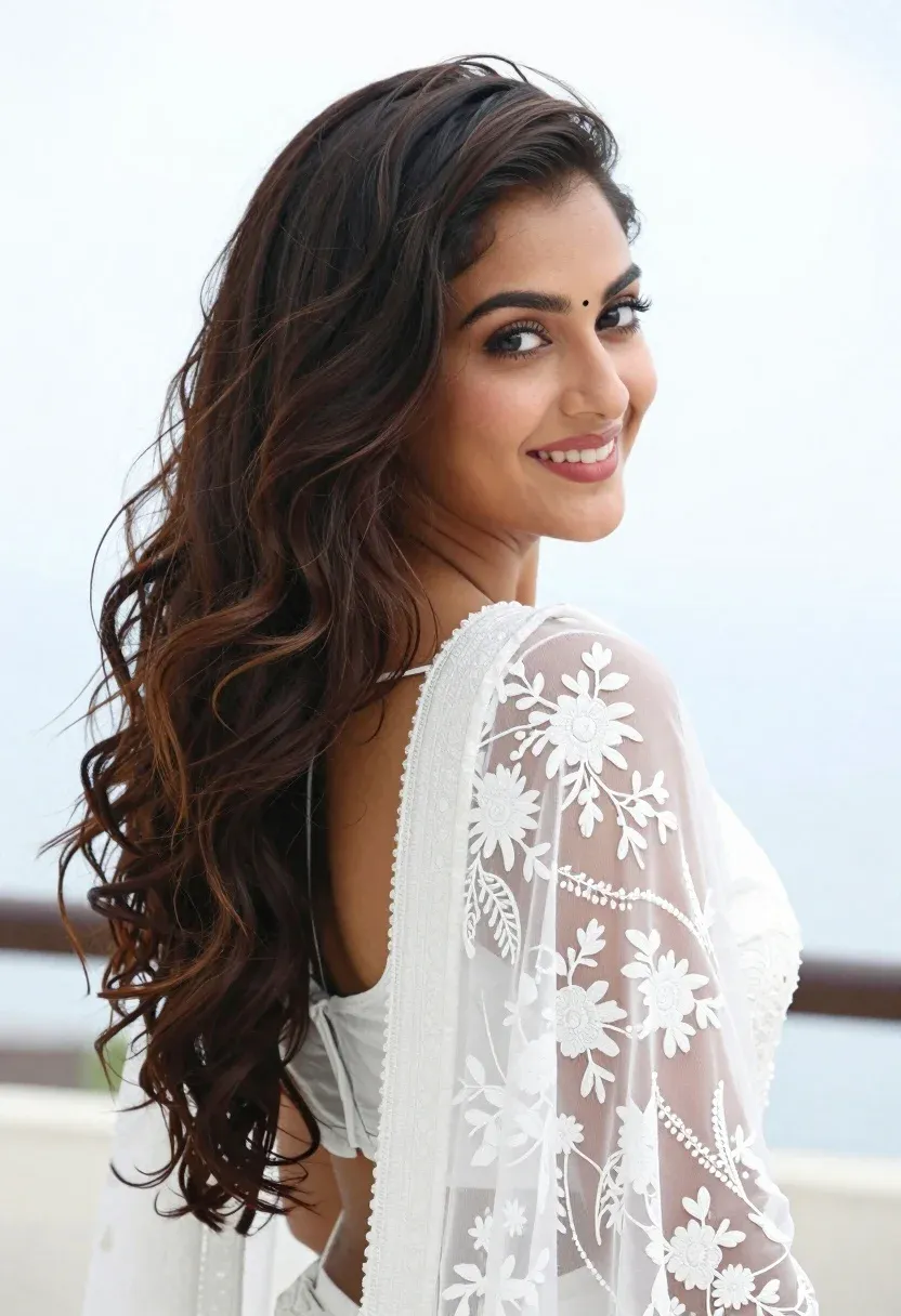 Woman With Long Voluminous Dark Brown Wavy Hair Looks Back
