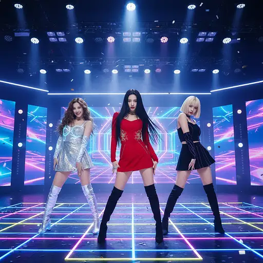 Group Photo Three Stylish K-pop Idols Performing Neon-lit Stage Rina