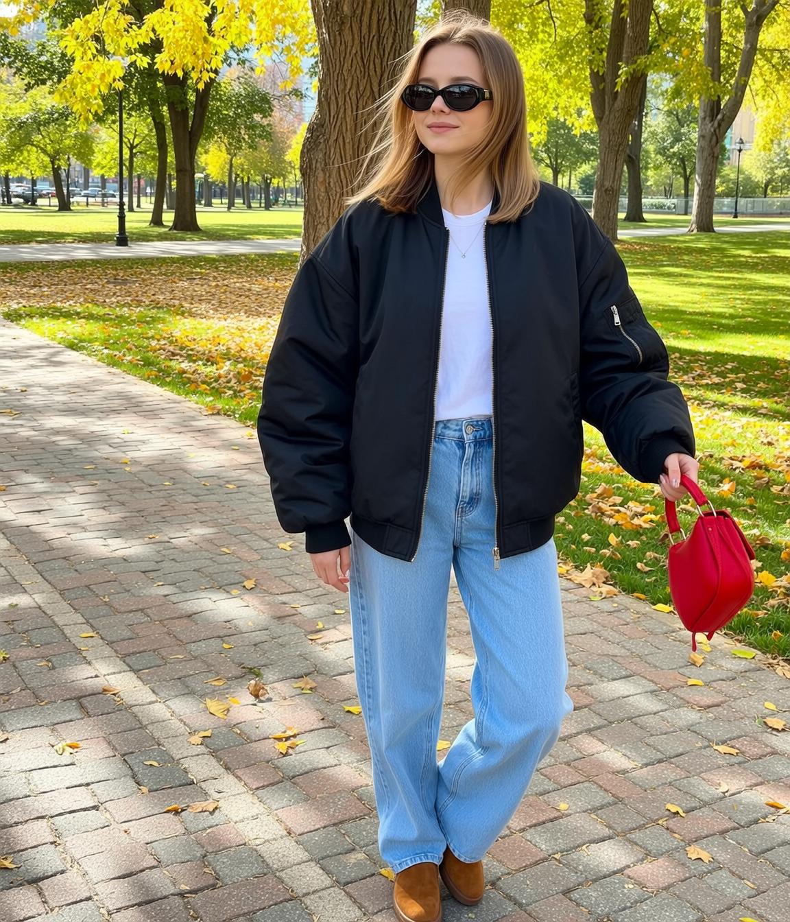 Black Bomber Jacket Red Handbag