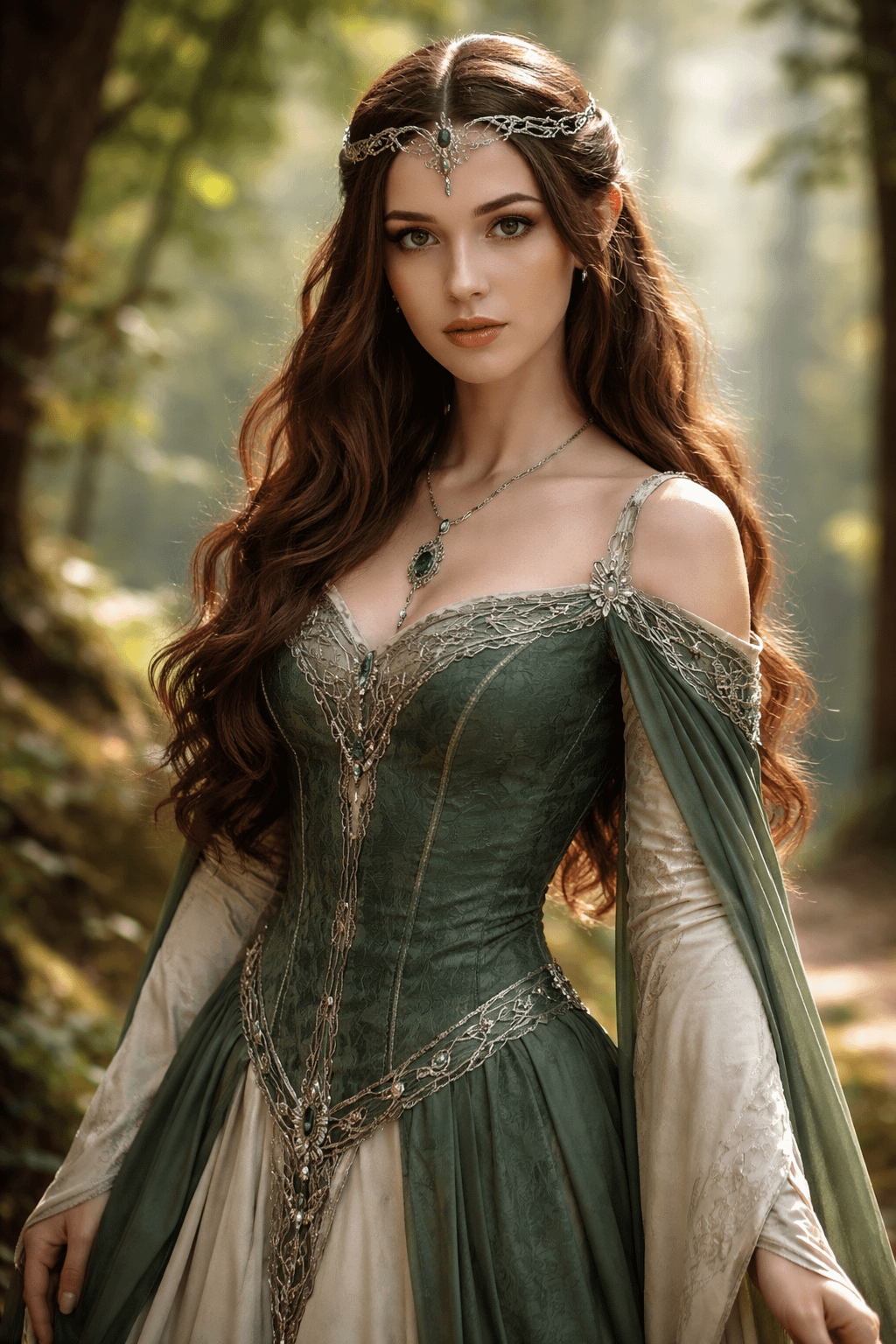 Forest Sun Dappled Lace Bodice Cream Skirt Tiara