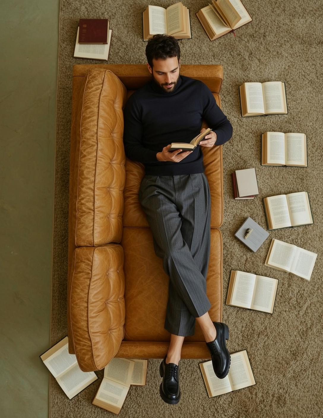 Turtleneck Book Reading Sofa Scene