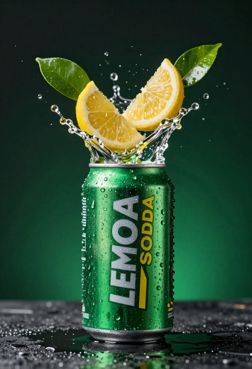Refreshing Green Soda Can Erupting With Citrus Slices And Liquid