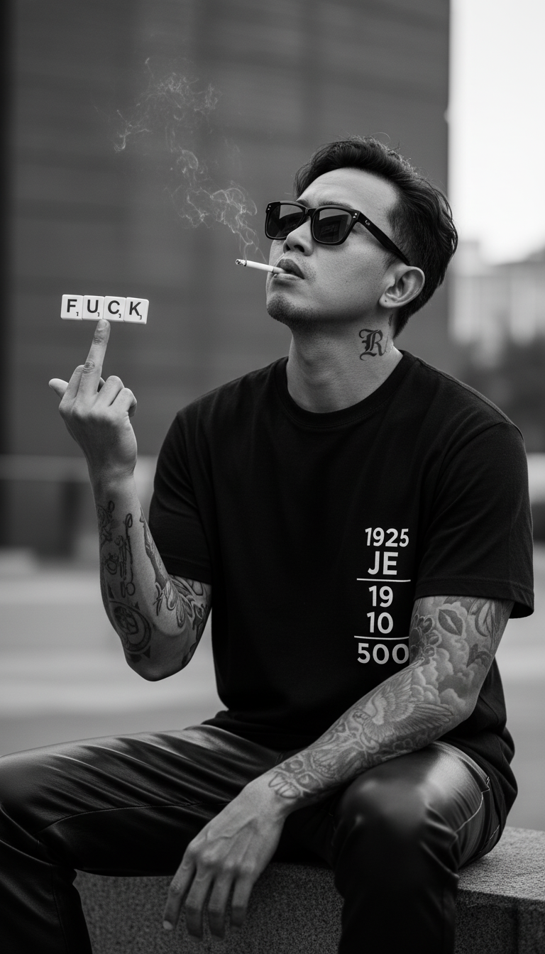 Portrait of a cool man with tattoos, wearing a denim jacket, against a dramatic black background with smoke.