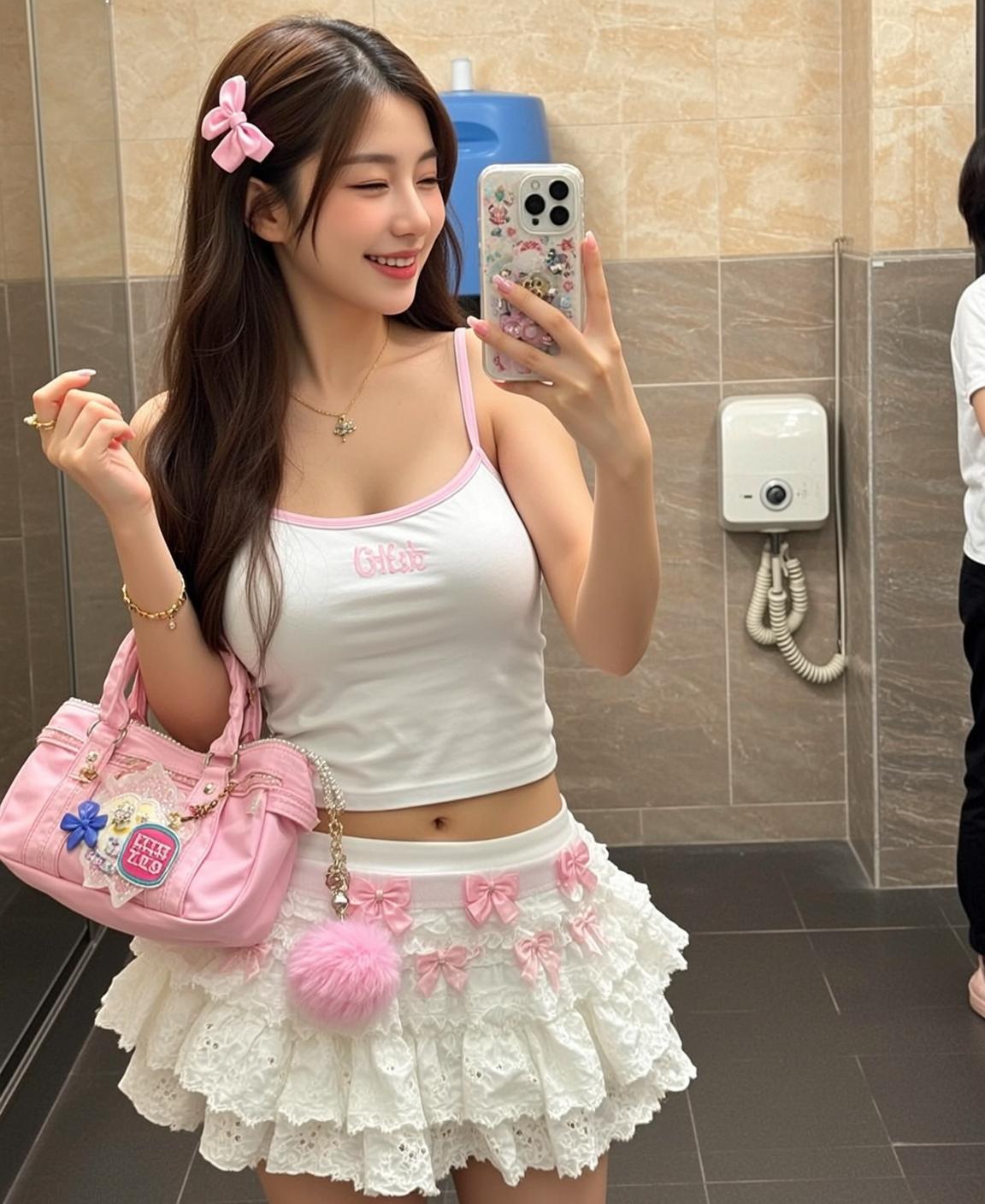 Barbiecore Young Stands Public Restroom Taking Selfie