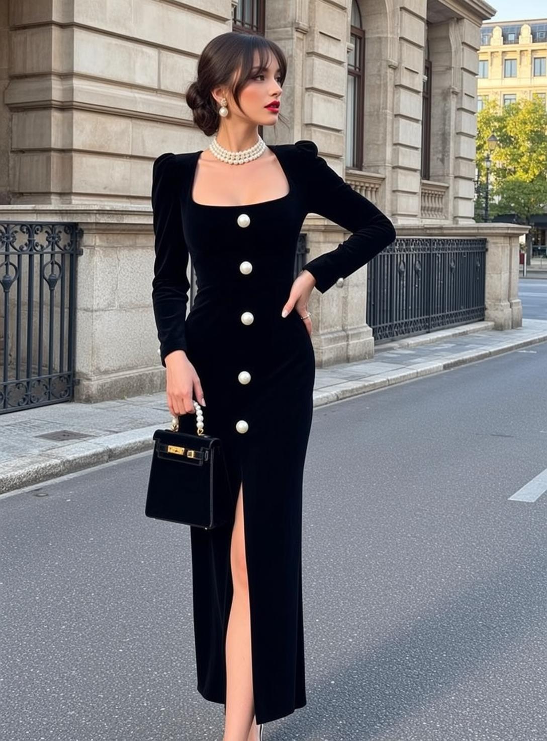 Black Velvet Dress Pearl Necklace Standing