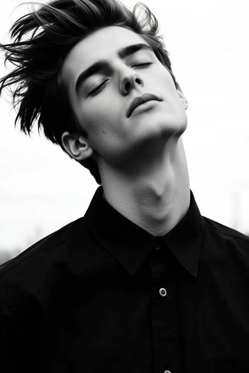 Photorealistic Black And White Medium Shot Portrait Young Man With