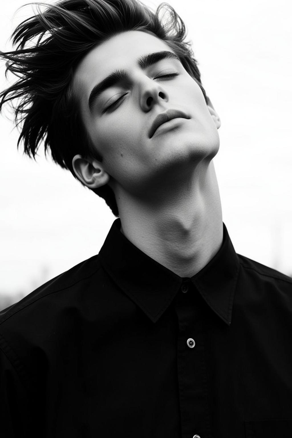 Photorealistic Black And White Medium Shot Portrait Young Man With
