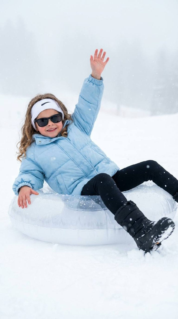 Ultra-realistic cinematic portrait of a woman smiling joyfully on a snowy slope, wearing a light blue puffer jacket.