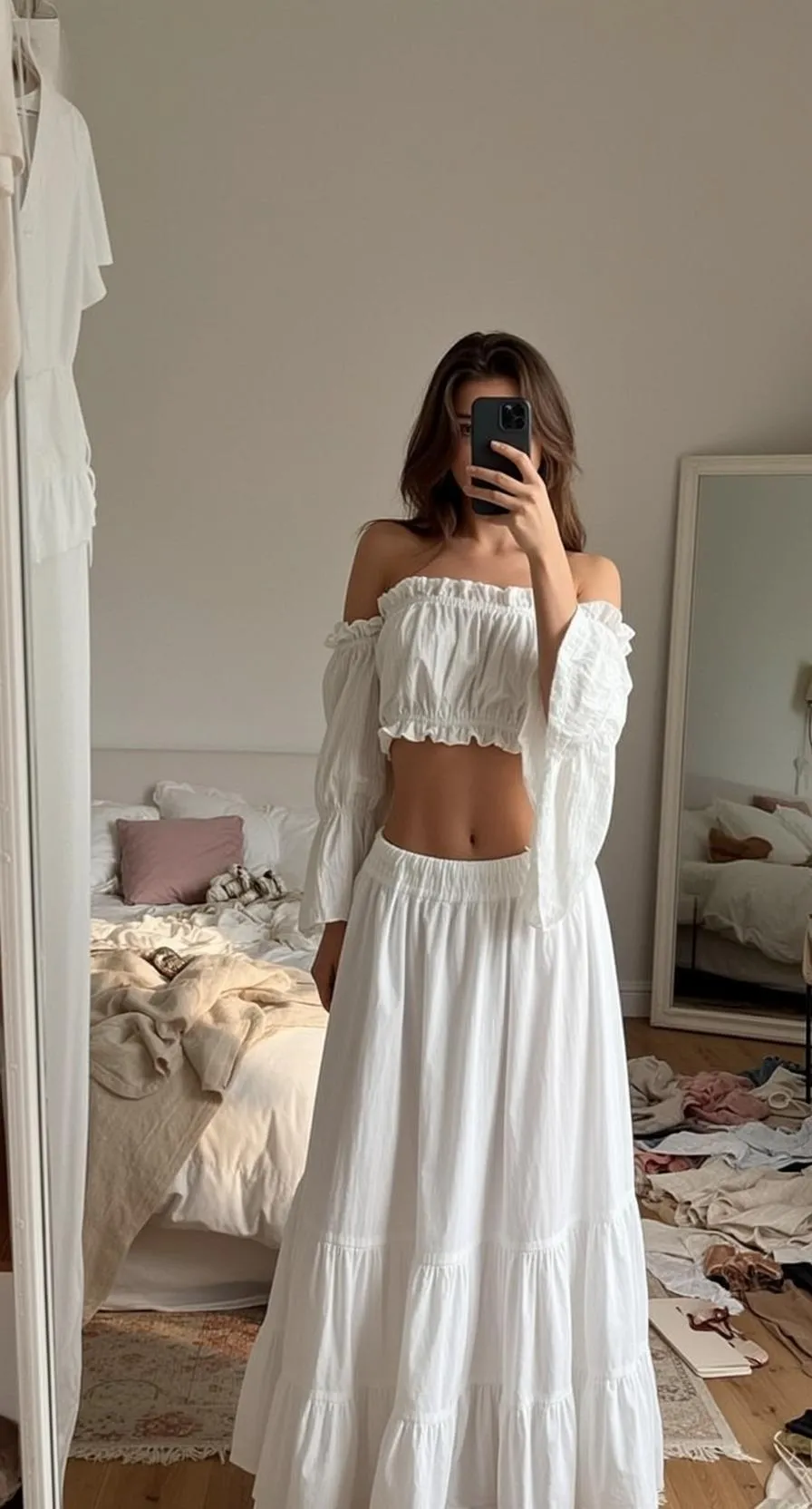 White Ruffle Skirt Mirror Selfie