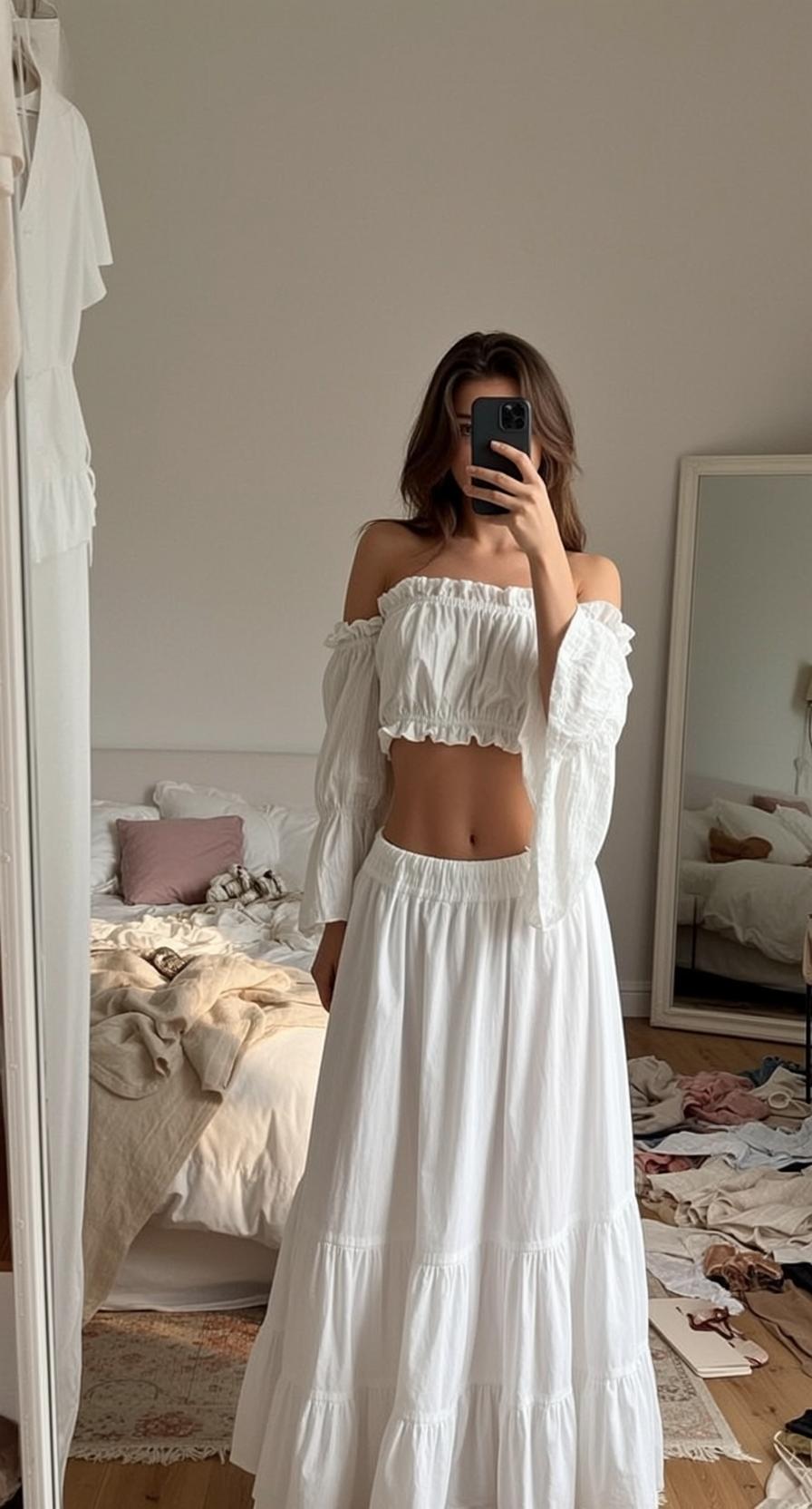 White Ruffle Skirt Mirror Selfie