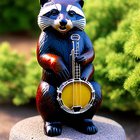 Carved Wooden Raccoon With Banjo In Garden