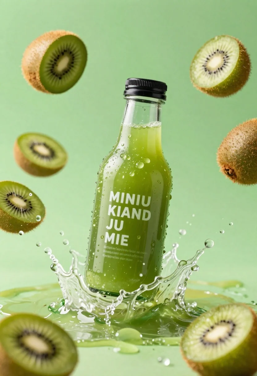 Refreshing Green Kiwi Juice Bottle Suspended Mid-air Amidst Dynamic Splash